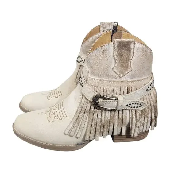 Sterling River Cowboy Boots Distressed Leather Fringe Buckle Zip Ankle Sz 9 - Picture 4 of 11